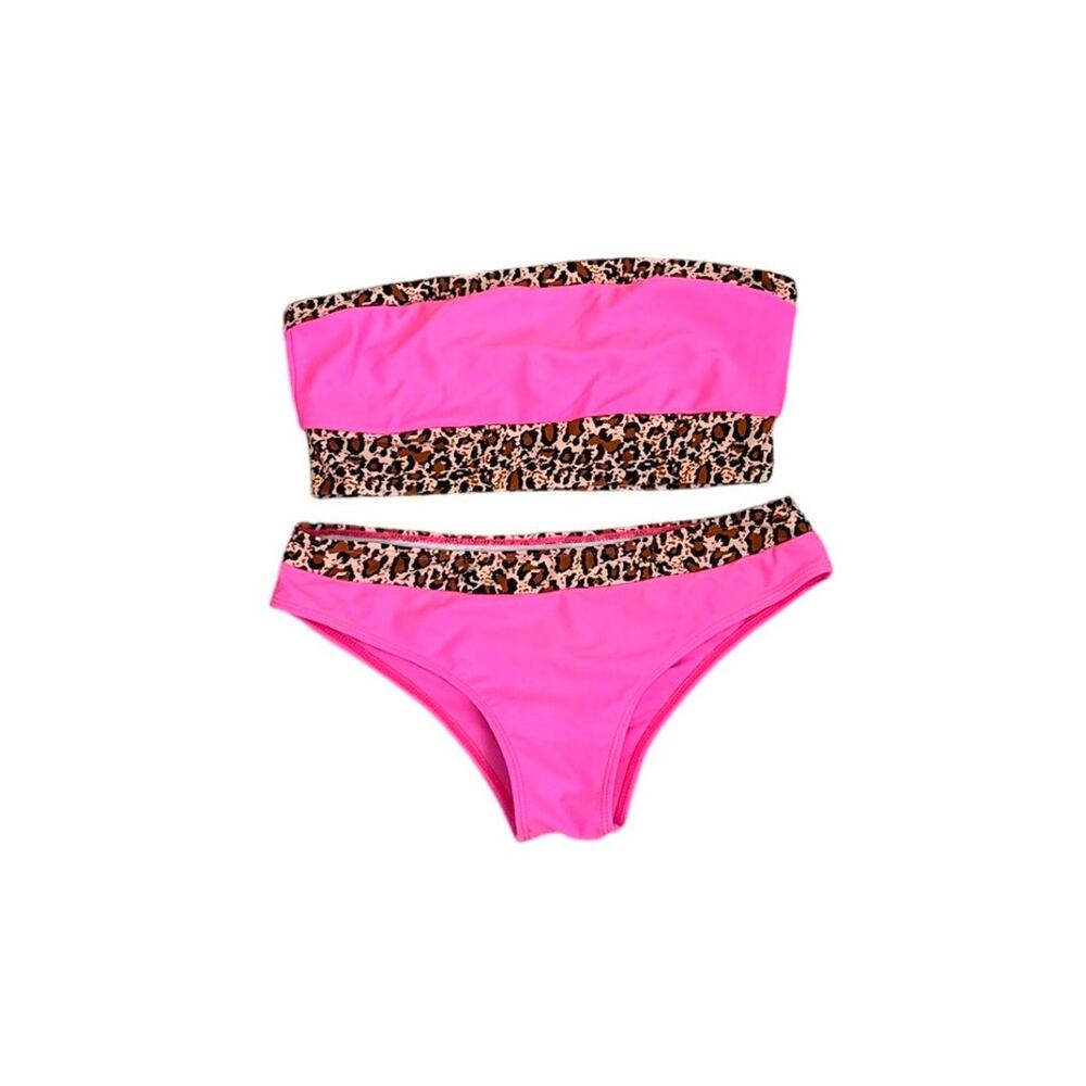 SHEIN Swim Neon Pink Leopard Print 2 Piece Bandeau Bikini Size Medium